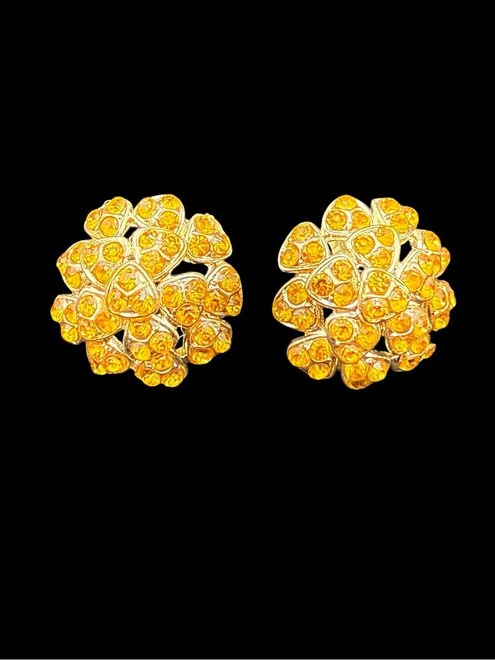 Vintage Yellow Orange Crystal Floral Cluster Stud Clip on Earrings